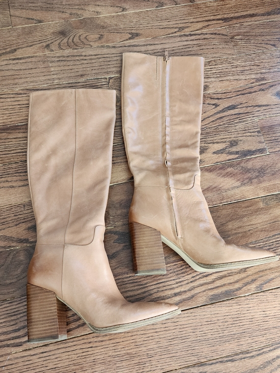 Nine West Shoes - Nine West Tan Leather Tall Boots 7 Boho Chic Minimalist Western Neutral Pointy